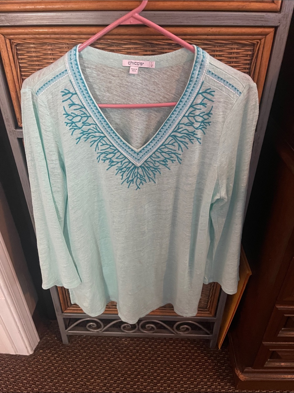 Chico's Mint Green V-Neck Top with Teal Embroidery